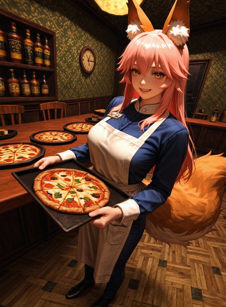 kingpin, realistic, masterpiece, best quality, amazing quality, very aesthetic, absurdres, newest, tamamo_no_mae_\(fate\):1.2, full_body, chef_uniform, holding_tray:1.2, pizza:1.2, fancy_restaurant:1.2, art_deco_interior, luxury_interior, marble_floor, golden_lighting, warm_lighting, detailed_background, elegant_setting, confident_pose, smiling, fox_ears, pink_hair, long_hair, tail, dynamic_angle, ornate_furniture, standing, cinematic_lighting, soft_shadows, upscale_mood, ambient_occlusion, white_apron, food_service,  <lora:Kingpin_-_Life_of_Crime_Style_E17_DIM16_ILXL_V1.2:1>.  <lora:dmd2_sdxl_4step_lora:1>