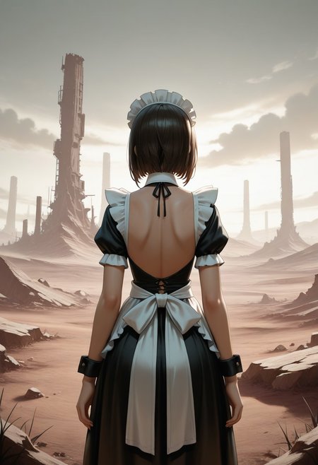 maid, from behind, wasteland, backless