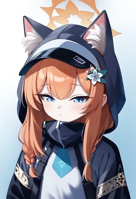 score_9, score_8_up, score_7_up,(((((( upper body blue_eyes, orange_hair, braid, long_hair, flat_chest, halo, hair_flower, animal_ear_fluff, white_hairband )))))((((Mari_(Blue_Archive),Mari_(Blue_Archive), )))))upper bodyblue eyes, fake animal ears, bangs, grey jacket, long sleeves, black shorts, bike shorts, hood, hood up, ears through headwear, visor cap