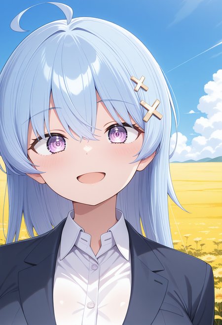 yowayowa, purple eyes, blue hair, ahoge, long hair, cross hair ornament, suit, jacket, collared shirt, <lora:yowayowa_illustrious_ver1:0.8> 
1girl, solo, (field:1.2), (blue sky:1.2), looking at viewer, smile, huge breasts,, masterpiece, best quality, general,, (upper body:1.2), (close-up:1.2), (facing viewer:1.2), (open eyes:1.4), (portrait:1.2)