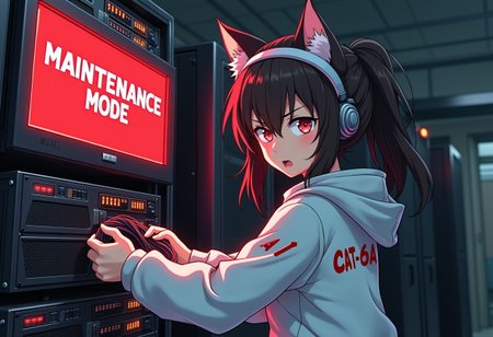 An angry anime catgirl mechanic, she wears a white jacket that says "CAT-6A" on her back, she is pulling network cables from a server rack, The servers have stenciled on them "CIVIT-AI" the room is messy, (One server is on fire), a monitor on the wall red pixel font text that says "MAINTENANCE MODE" in the center.