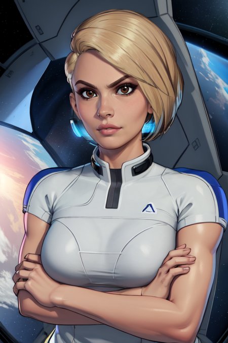 Cora .short hair, lips, breasts ,blonde hair, brown eyes, serious, crossed arms, 
white muscle  shirt,  upper body, 
space pod, 
(insanely detailed, beautiful detailed face, masterpiece, best quality),
 <lora:coraMEA:0.7>