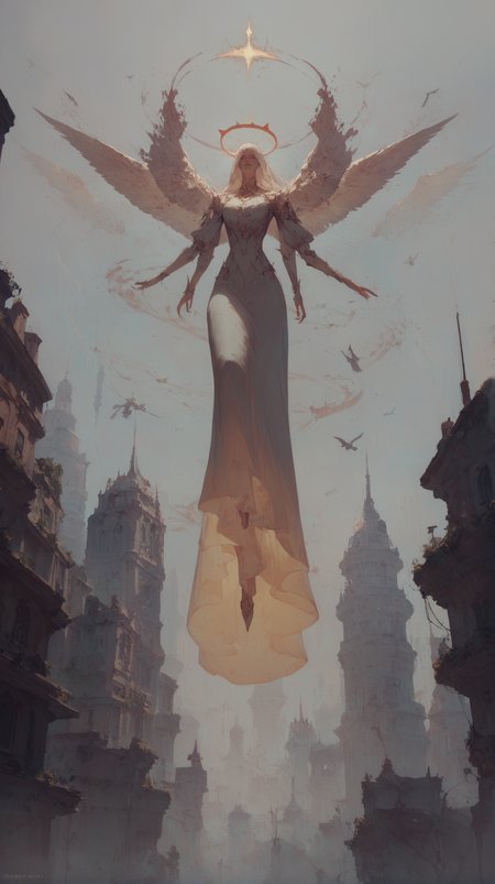 score_9, score_8_up, score_7_up, score_6_up, distant goddess flying above a city, enormous, long dress, golden halo, gritty, <lora:Concept Art Twilight Style SDXL_LoRA_Pony Diffusion V6 XL:0.8>, Transcendent, ethereal, otherwordly, dreamlike, dreamy, atmospheric, Phantasmagorical, Spectral,