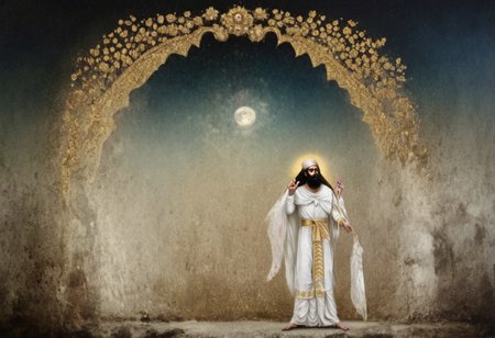 moon cycle arches above Cyrus the great in a long white dress meets with Zartosht, gold scrollwork, novuschroma style, daguerreotype photo