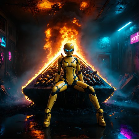 girls, cyborg, woman, biorobot, yellow, metall flake, costume, glittering, futuristic, golden outfit, sitting on the pile of skulls, skull under right leg, scifi post-apocalyptic theme, scratches, dents, rusty, shabby, heavy used outfit, black visor, sniper, rifle, right hand point to the viewer, blood splats, burnings in the room, traces of fire, in a neon cyber city, colorful, high contrast lighting, symmetric shot, smooth contours and sharp lines, sci-fi element, 3d rendering , atmospheric, best quality, sharp focus, high contrast, stylized, dark, clear, surreal, ultra quality, 8k, best quality, masterpiece, midjourneyv6.1, detailmaximizer <lora:MidjourneyV6.1:1> <lora:d\EnvyZoomSliderXL01:-3> <lora:add-detail-xl:1> <lora:SDXL_Breast Size Slider:0.5> <lora:Realism_Lora_By_Stable_yogi_SDXL8.1:1.2>  <lora:Mechanism-pdxl-1:0.1> <lora:cinematic color motion picture film style:0.9>  <lora:aidmaImageUpgraderSDXL-v0.3:0.4> <lora:S1_Dramatic_Lighting_v3:0.55> <lora:zy_Realism_Enhancer_v1:0.6>  <lora:SDXLFaeTastic2400:0.1> <lora:SDXLHighDetail_v6:0.3> <lora:SDXL_dark:0.45>