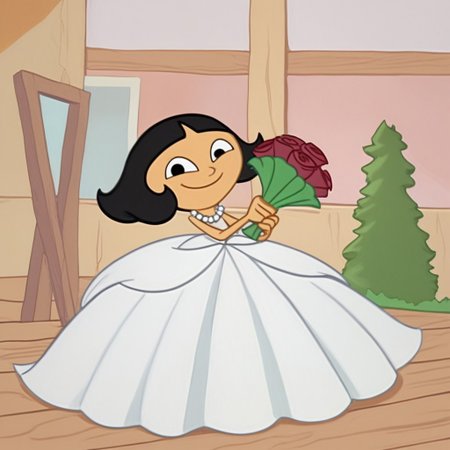 LeeLeeDL, 1girl, black hair, bob cut, blunt bangs, black eyes, Very long large straight tulle white princess ball gown hoop skirt, ball gown hoop skirt, white princess dress, pearl necklace, hoopdress, my big princess gypsy wedding dress, ballgown, a girl in a dress posing like a princess for a picture, wearing a sleeveless ballgown, looking at viewer, closed mouth, smiling like a princess, posing like a princess, holding a bouquet of roses with both hands