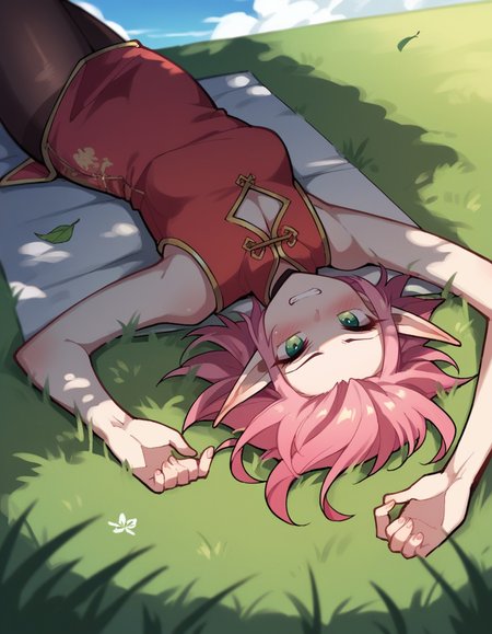 score_9, score_8_up, score_7_up, score_6_up, score_5_up, score_4_up, solo, 1girl, solo, sky, grass, cloud, falling leaves, 
<lora:HartGear v1:0.8> h4rt, angry, lying down, chinese dress, pantyhose, flats, pink hair, pointy ears, green eyes, blush, close-up, upper body,