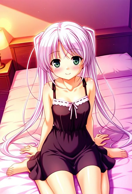 1girl,cowboy_shot,best quality,amazing quality,absurdres,shiro,black sundress,looking_at_viewer,smile,bedroom,on bed,wariza