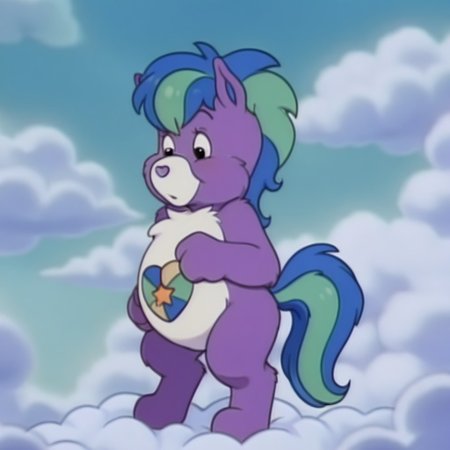 masterpiece, best quality, amazing quality,  NobleHrtil, semi-anthro, male, horse, purple fur, black eyes, blue hair green highlights, blue tail green highlights, tummy symbol, on a cloud, solo, full body, cloud background, standing, <lora:cf10d1dc-467c-4945-babd-8d0ba3f2a562:1.0>