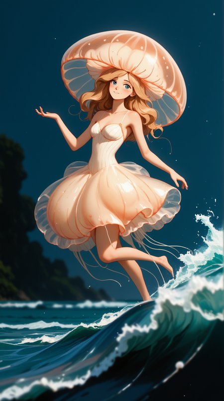 score_9, score_8_up, score_7_up, score_6_up, <lora:JellyfishHybridPDXL:1>Caramel jellyfishhybrid, a hybrid between a jellyfish and a human, incarnate, Jafar, depth of field, One Hand Touching Face, no legs, in location in a quaint seaside inn, with waves lapping gently nearby, best quality, masterpiece quality