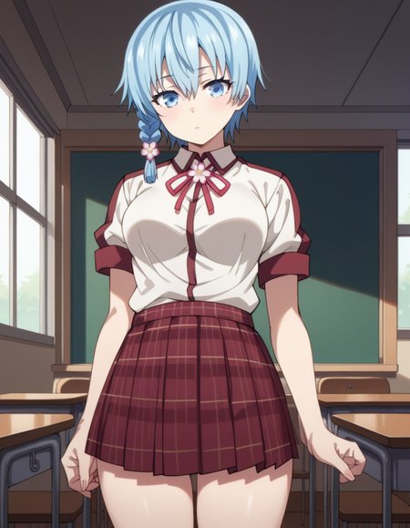 score_9, score_8_up, score_7_up, source_anime, uncensored, <lora:StS_detail_slider_v1:3>, zPDXLxxx, <lora:Luna_Kusami_PONYXL_VexVexX:1>, LunaKusami, 1girl, blue eyes, blue hair, short hair, braid, side braid, hair ornament, hair flower, medium breasts, school uniform, ribbon, plaid skirt, pleated skirt, cowboy shot, indoors, from back, Pose against a light source, creating a striking silhouette with dynamic shapes and lines, thighs, looking at view, expressionless,