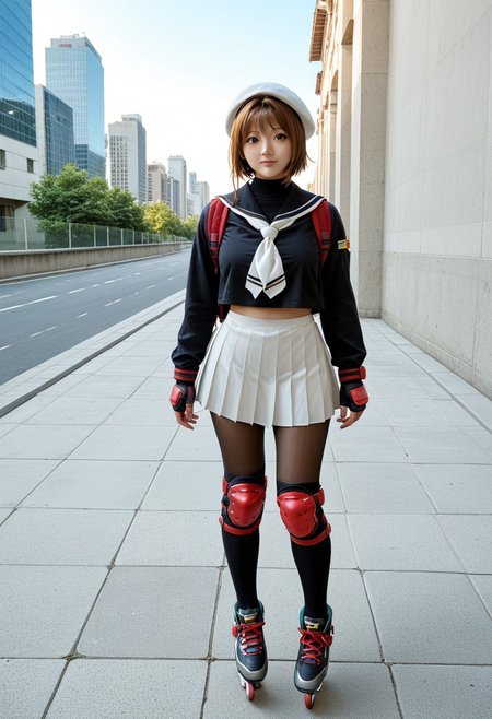 score_9, score_8, score_7, a high detail RAW color professional photo of a 18yo beautiful stunning plump woman posing for a picture, Kinomoto_Sakura, green_eyes, brown_hair, short_hair, antenna_hair, hair_intakes, perfect anatomy wide hips, narrow waist, broad shoulders, beret, white headwear, white_skirt, pleated_skirt, black_shirt, white_sailor_collar, white_neckerchief, long_sleeves, backpack, pantyhose, knee pad,elbow, pad,wrist pad, black inline skates, oversize clothes pose, standing, outdoors, cityscape, blue sky, soft lighting, 8k, perfect lighting, cinematic lighting, highly detailed eyes, highly detailed pupils, highly detailed face, highly detailed skin texture, highly detailed facial features, highly detailed hair texture, highly detailed body, highly detailed hands and fingers, highly detailed nails, highly detailed background, full-body shot, looking at the viewer, f/2.8, 50mm focal length, ISO 200, photographed on a Canon EOS 90D Camera