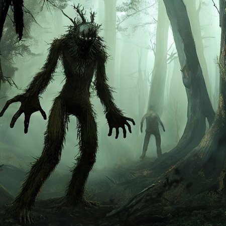 A lone person standing in a spooky forest, art by ScaryMonstersv2