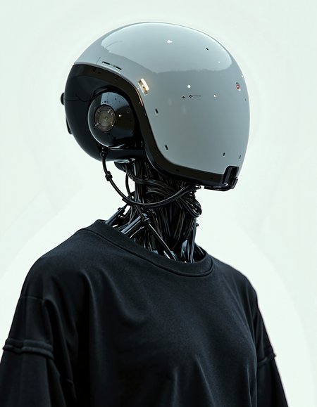 UNI_SCI_FI_CORE  
profile headshot of a faceless robot wearing an oversized black tee, aesthetically pleasing, hyper-realistic and highly detailed, pure white background, gorgeous small accent lights
