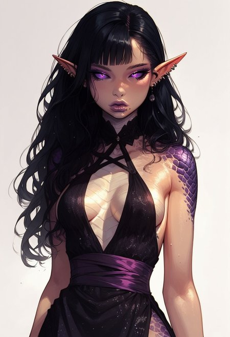 score_9, score_8_up, score_7_up, high detailed, high quality, masterpiece, no text, quality highlights, 8k detail, detailed background, source_anime, dynamic view, hentai, ultra-detailed, 
...
1girl, (((solo))), pale elf, female focus, expressiveh, (young), (cold skin),
(black hair), purple sclera, ((irises like moons, silver iris)), (long hair), elegantly pinned hair,
((round hips)), (small breasts), lips,
(incredibly sexy), sexy pose, pose, ((scales, dragon scales)), ((piercing in lips))
...
closed mouth,
((An elegant gown, a dress of belts, a dress of ribbons, black collar,  center opening, side slit, high-waist sideboob)),
cowboy shot, looking at viewer, raised hand, green flame in hand, gold makeup, purple lips,
sitting, posing, close-up, 
...
(((white simple background)))