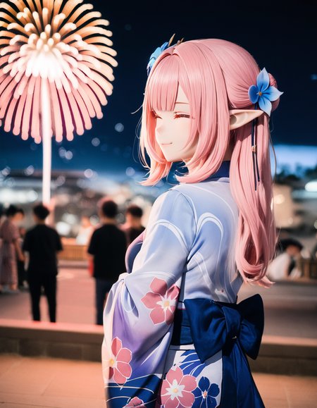 1girl, 
elysia \(honkai impact\),  
(blurry:1.1), (bokeh:1.1), kimono, evening, night sky, film grain, hair bun, print kimono, hair stick, solo focus, smile, closed eyes, japanese clothes, blue flower, hair flower, depth of field, sky, flower, long hair, yukata, pink hair, pointy ears, back bow, sidelocks, closed mouth, fireworks, aerial fireworks, outdoors, night, floral print, elf, hair ornament, upper body, bow, 
masterpiece, best quality,  safe
 <lora:kig_xl_v1-000021:0.8>