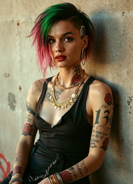 In this evocative early-90s-inspired portrait, a striking young judy alvarez leans casually against a textured wall, her presence radiating a bold and rebellious energy. Captured with a vintage film camera, the image exudes the warmth and grainy imperfection of the era, emphasizing the raw, unfiltered character of the moment. A soft, golden light falls unevenly across her figure, illuminating the intricate details of her heavily tattooed skin, which tells a story of defiance and resilience through elaborate, artful designs.
Her messy green-pink hair cascades in wild waves around her face, framing her piercing eyes that glint with a fierce and unyielding confidence. The untamed locks, highlighted by subtle streaks of sun-kissed bronze, add to her effortlessly chaotic charm, hinting at a life lived unapologetically.
She wears a fitted black high-neck dress that clings to her hourglass figure, highlighting her small waist, wide hips, and natural bust. The simplicity of her attire contrasts sharply with the extravagance of her jewelry: layered gold necklaces, some adorned with small medallions and pendants, drape across her dÃ©colletage, drawing attention to the tattoos peeking from beneath the fabric. Her fingers and wrists are adorned with a mix of gold and silver rings, bangles, and chunky bracelets, each piece a statement of individuality and opulence. Large hoop earrings catch the light, adding a touch of bold femininity to her edgy look.
Her expression is one of raw determination and quiet pride, her lips painted in a deep crimson that contrasts vividly with her glowing, sun-kissed complexion. The tattoos on her arms, neck, and collarbones are intricate and mesmerizing, their dark lines standing out against her skin, blending gothic elegance with urban grit.
The background is a muted blend of weathered concrete and faint graffiti, its monochrome tones serving to amplify the vibrant presence of the woman at its center. The overall composition captures a unique juxtaposition of beauty, rebellion, and grace, portraying her as a modern-day gangster brideâunapologetic, commanding, and unforgettable. The photographâs analog aesthetic, enhanced by the subtle grain of Fujicolor Superia X-TRA 400 film, transforms the scene into a timeless portrait of audacity and allure. <lora:Judy_Alvarez_Rank_1_FAST_4x_GPU-000040:1.0>