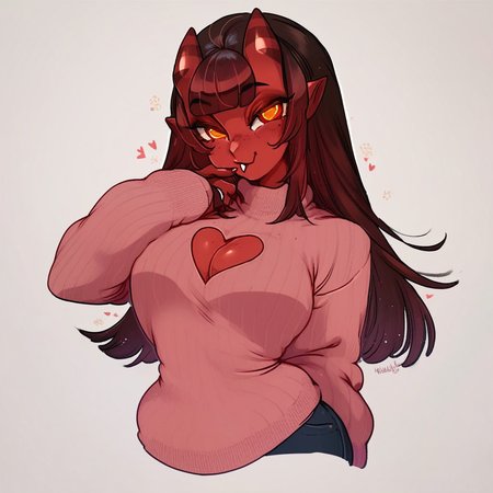 score_9, score_8_up, score_7_up, score_6_up, score_5_up, Solo, Meru_the_Succubus, large breasts, large hips, long sweater, heart cut out