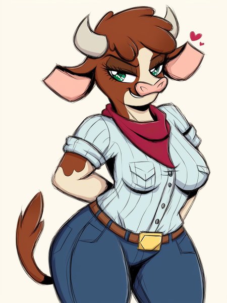 score_9,score_8,source_furry,
<solo:1.5>,
<1girl:1.5>,
arizona_fherds,
cow_girl,
1girl,
furry,
furry female,
solo,
breasts,
green eyes,
horns,
tail,
smile,
medium breasts,
brown hair,
animal ears,
snout,
tonned,
tonned body,
cow horns,
looking at viewer,
grin,
cow tail,
cow ears,
thick thighs,
teeth,
anthro,
cow girl,
furrification,
<simple background:1.5>,
<white background:1.5>,
<lora:Arizona_Fherds_Pony_SDXL:1> arizona_fherds,  
<lora:90s4n1m3XLP:1.25> 90s4n1m3, smug,
smugness,
half closed eyes,
closed mouth,
sarcastic,