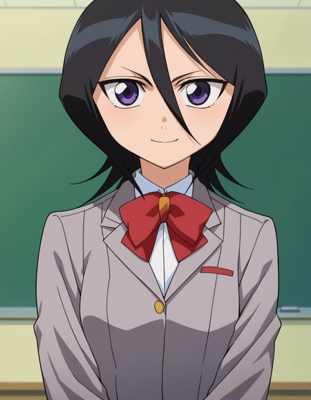 score_9, score_8_up, score_7_up, source_anime, 
rukiakuchiki, <lora:rukia-kuchiki-s1-ponyxl-lora-nochekaiser:1>, 
rukia kuchiki, black hair, hair between eyes, purple eyes, short hair,
skirt, bow, school uniform, jacket, blazer, grey jacket,
indoors, classroom, smile,
looking at viewer, cowboy shot, dutch angle,