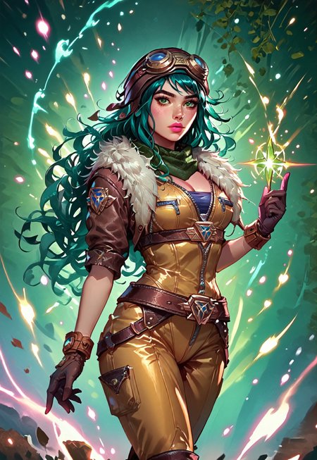((zPDXL3)), ((masterpiece,best quality, highly detailed)), ((score_9)), score_8_up, score_7_up, score_6_up, score_5_up, score_4_up, Digital painting style, brushstrokes, ((EnhanceImage)), solo, 1girl, IreliaARLoLXL, pink lips, green eyes, aqua hair, long hair, bangs, goggles on head, large breasts, green scarf, cleavage, brown jacket, fur trim, short sleeves, yellow bodysuit, blue bodysuit, black gloves, belt, brown boots,
Expressiveh, 30yo, adult lustful confident woman, petite, slender body, perky saggy natural breasts, full lips, bangs, sidelocks, straps,
chinese magical sorceress, animated, swirling magic, wisps of magic, dancing pose, tight squeezed outfit, magical accessories, evoking motion, conveying motion, dynamic splash art, 
<lora:PainterlyFantasiaPDXL:0.6>,