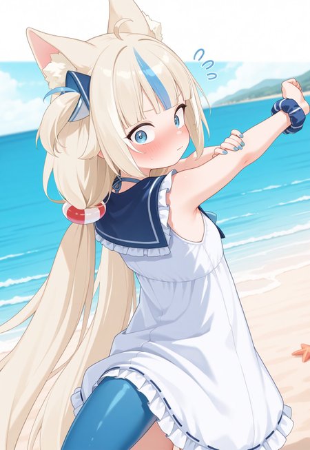 masterpiece, best quality, beach,
1girl, blue eyes, blonde hair, blue hair, very long hair, streaked hair, ahoge, blunt bangs, low twintails, one side up, hair ornament, blush, cat ears, animal ear fluff, sailor dress, white dress, blue sailor collar, badge, single wrist scrunchie, blue nails, fish tail, 
from behind, stretching, looking back, looking at viewer, standing, arched back, closed mouth, wide-eyed, flustered