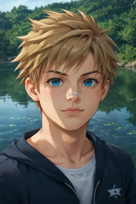 score_9, score_8_up, score_7_up, source_anime, rating_safe, , (realistic:0.6), looking at viewer, depth of field, 1boy, solo, male focus, <lora:connor_bleufin_pony:0.9>, connor_bleufin, blonde hair, blue eyes, short hair, spiked hair, bandaid on face, , symmetry, lake city, dusk, floating, :D, , <lora:sdxl_lightning_8step_lora:1>