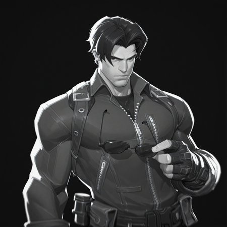 <lora:WINTER_SOLDIER_TB:1>buki, solo, looking at viewer, black hair, handsome, 1boy, gloves, holding, jacket, upper body, monochrome, male focus, greyscale, glasses, belt, fingerless gloves, muscular, facial hair, sunglasses, zipper, unworn eyewear, manly, holding removed eyewear, curtained hair, weapon, dynamic view, motion blur, film grain, simple background, abstract, dynamic, very awa, masterpiece, best quality, absurdres, newest, perfect quality, intricate details, (artist:fl \(l-fl\):0.7), (artist:tooboshoo:0.7), (artist:dizdoodz:0.8)