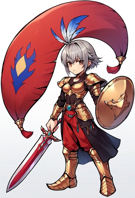 score_9,score_8_up,score_7_up,score_6_up, lu lingqi, short hair, grey hair, armor, head armor, feathers, brown eyes, sword, shield, holding sword, holding shield, operaomniastyle, full body, white background,   zPDXL3,