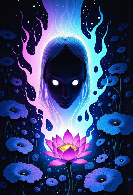 high definition digital animation depicting a cursed hannya mask radiating an eerie cyan and magenta aura blooming out of a blue lotus in a liminal bonsai garden, Studio Ghibli Dark Fairytale