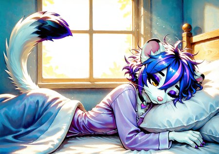 ILGMVO3, FMIXFT, radiant details, smari4, 1girl, solo, furry female, pink nose, whiskers, shiny hair, white fur, amber eyes, eyeshadow, eyeliner, thick eyebrows, (short hair, sidelocks, hair between eyes, blue hair, violet hair, streaked hair, cyan streaks, violet streaks, highlights), white body fur, body fur, black ear tips, (weasel tail, white tail, black tail tip), heart choker, paws, small claws, purple claws, skinny, narrow waist, purple pajamas, indoors, bed, window, sun, under covers, sleepy, half closed eyes, one eye closed, head on pillow, (messy hair:1.3),

masterpiece,best quality,amazing quality