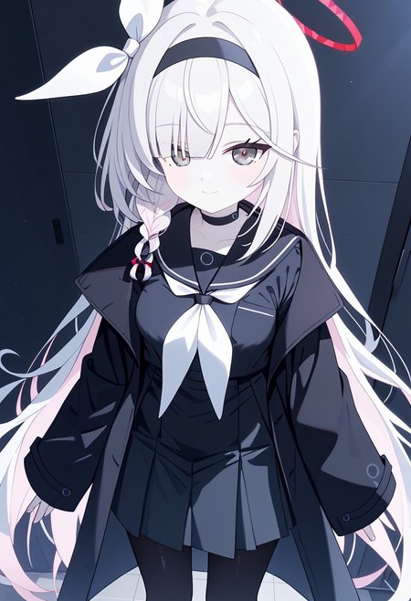 best quality, highres, masterpiece, 1girl, Plana_(Blue_Archive), grey eyes, white hair, bangs, long hair, single braid, hairband, black hairband, hair ribbon, choker, halo, (unnaturally white skin:1.2), (pale skin:1.1), 
(shiny skin:1.2), standing, closed mouth, medium breasts, smile, looking at viewer, thighs, facing viewer, black serafuku long sleeve, coat removed, white neckerchief, black skirt, black pantyhose