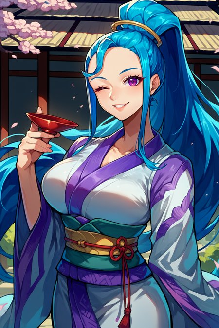 score_9, score_8_up, score_7_up, score_6_up, source_anime, 1girl, solo,  <lora:amazonpandora-pdxl-nvwls-v1-000005:1> pdra, blue hair, very long hair, high ponytail, purple eyes, white kimono, sash, happy, wink, looking at you, hand up, holding sake cup, japanese architecture, large breasts