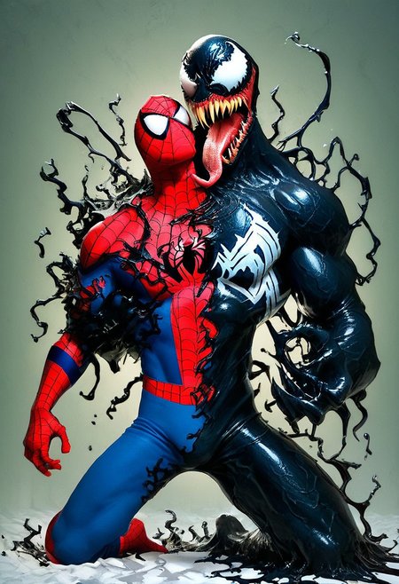 zPDXL2, score_9, score_8_up, score_7_up, score_6_up, venom_assimilation, transformation, black slime (substance), 2boys, venom, spider-man, appendage, razor-sharp teeth, muscular male, tongue out, absorption, corruption, merging