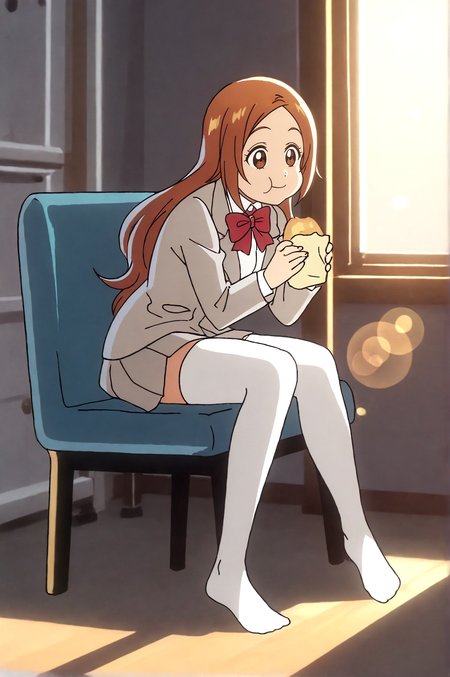 masterpiece, best quality, dark grey background, indoors, cinematic lighting, lens flare, amazing quality, very aesthetic, absurdres, best quality, newest, year 2023,  Orihime Inoue, blazer, bow, bowtie, bread, chair, eating, food, general, indoors, jacket, no shoes, pleated skirt, red bow, red bowtie, school uniform, sitting, skirt, solo, thighhighs, white thighhighs  <lora:JN_Orihime_Inoue_Illus:0.8>