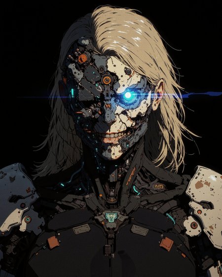 a heavily augmented, aged female figure with a sinister, knowing grin. Much of her face is replaced by dark, complex cybernetics, with one eye replaced by a large, intensely glowing blue optic lens. Wires and mechanical joints are visible integrating into her skull and jaw. She wears worn, functional armor pieces over dark clothing. The lighting is stark and shadowy, emphasizing the unsettling blend of aged flesh and cold machinery. Focus on dark cyberpunk augmentation, menacing matriarchal intelligence, and gritty bio-mechanical integration.