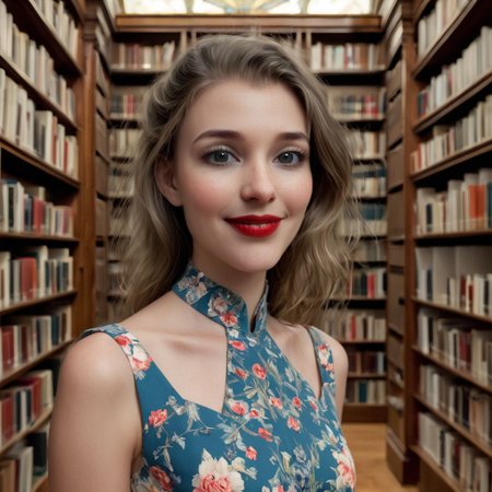 1girl, solo, standing in a library, wearing a colorfull summer dress, looking at the viewer, smiling, red lipstick, intricated details on background, very detailled bookshelf, The entire scene is captured in high resolution, allowing one to discern each detail with precision. Every reflection, every shadow is rendered with exceptional clarity,
