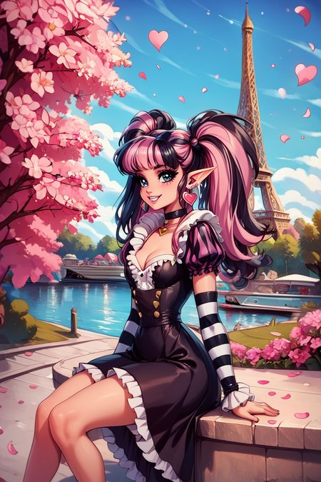 score_9, score_8_up, score_8, medium breasts, (curvy), cute, eyelashes,       BREAK, , zzDraculaura, black hair, twintails, multicolored hair, two-tone hair, streaked hair, long hair, pink hair, pointy ears, retro artstyle, 1990s (style),  cleavage, jewelry, heart, earrings, black choker, frills, striped, fur trim, makeup, heart earrings, striped sleeves, black dress,    <lora:NewDraculaura_PDXL:1.0>,, BREAK, zzEiffelTower in background, sitting, watercraft, boat, sitting on wall, side view, looking at viewer, smile, ,,, BREAK, blooming stars, luminescent petals, otherworldly fragrance blurry background, ,,, embedding:zPDXL, Expressiveh, ,,, <lora:EiffelTowerPDXL:1.0>, <lora:CatalystStylePDXL:0.6>, <lora:SDXLFaeTastic2400:0.5>, <lora:Expressive_H-000001:0.4>,