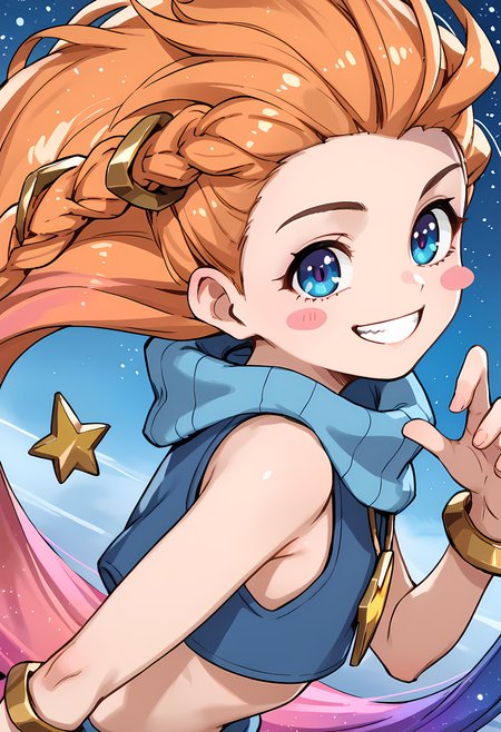 score_9, score_8_up, score_7_up, score_6_up, score_5_up, score_4_up,, cartoon character   1girl, solo, smile, long hair, orange hair, bracelet, jewelry, multicolored hair, braid, facing viewer, grin, blush stickers,zoe, <lora:zoe_pony:1>,background,crop top,no bra,,,small breast,pettie girl,slim belly,thin girl,oversized top,from side,oversized crop top,,from side,sleveles crop top,, , bent over, smile,
solo, dutch angle, ,in scace,stars,flying,looking at above,