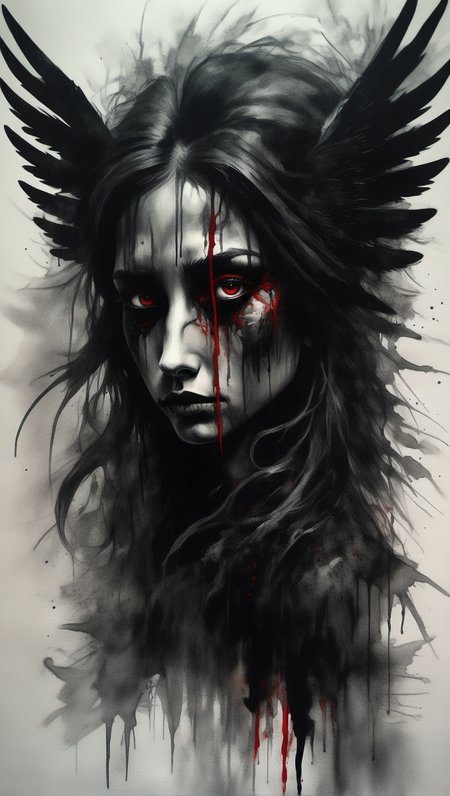 depression, trauma, sadness, expressionism, black and white, girl, watercolor_\(artwork\), watercolor, monochrome, abstract_art, no_humans, scribbles, angel of death, side_view, despair, darkness, <lora:DonMn1ghtm4reXL:1> gloomynightmareai, chaos, running_makeup, mascara_tears, charcoal_\(artwork\),, High-quality, Hyper-maximalist, negative space, extremely intricate, prismatic colors, glimmering oils, vantablack, (Schrödinger's red), the rule of thirds