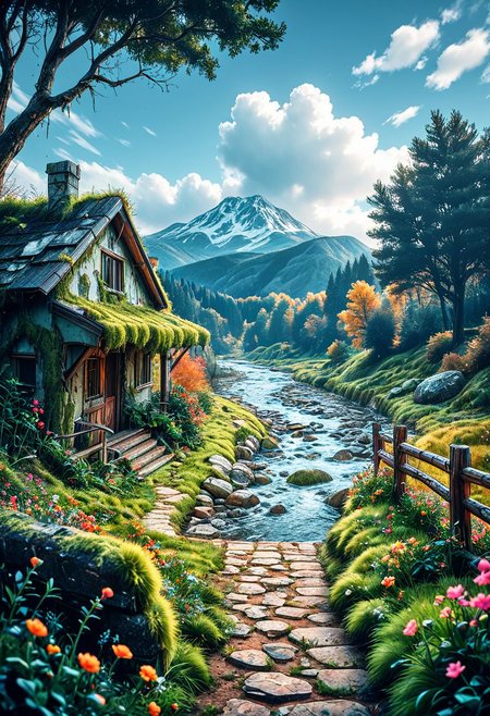 SmoothNoob_Quality, no humans, blue sky, building, bush, cloud, cloudy sky, day, field, flower, forest, garden, grass, hill, horizon, house, landscape, moss, mountain, mountainous horizon, nature, on grass, outdoors, overgrown, path, plant, river, road, rock, ruins, scenery, sky, tree, wooden fence, <lora:Smooth_Booster:0.5>​​​