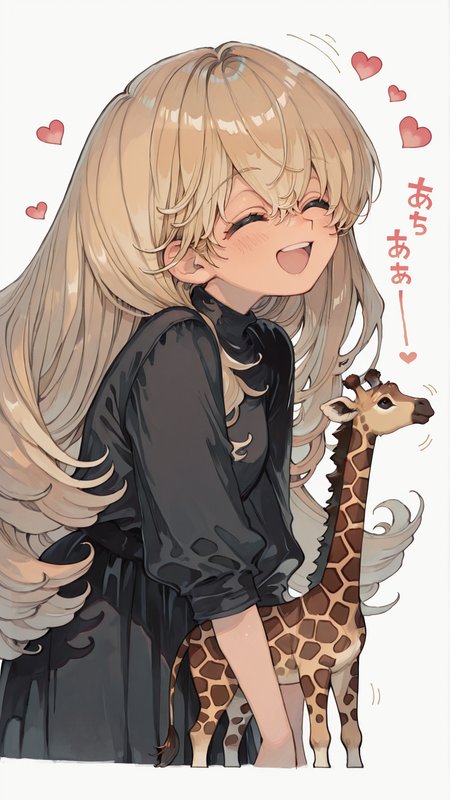 masterpiece, newest,absurdres,incredibly absurdres, best quality, amazing quality, very aesthetic, 
1girl, blonde, big hair, giraffe toy, happy, hearts, motion lines, sound effects,
 <lora:rusetsuksr_style:1> rusetsuksr_illu,  <lora:ka_marukogedago:1> k4_illu,