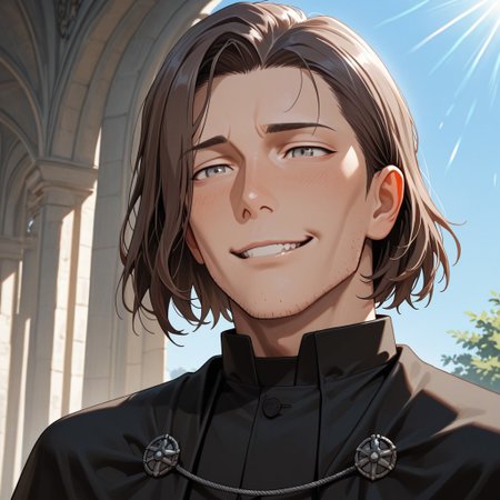 masterpiece, best quality, amazing quality, absurdres, newest, detailed background, definition so sharp, Ultra-HD, 8K cinematic, very awa, impressionate, amazing quality, highres, 
solo, male focus, manly, day, sunbeam, blue sky,
tenkeiiwafune, iwa_brunette, iwa_grey eyes,
1boy, short hair, cheekbones, stubble, priest, black capelet, black robe, 
happy expression, giggling