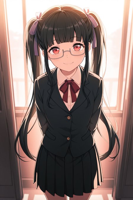 masterpiece, best quality, amazing quality,
 <lora:PAREO_IL:1> pareo, 1girl, twintails, solo, black hair, skirt, glasses, long hair, red eyes, smile, school uniform, jacket, looking at viewer, ribbon, pleated skirt, shirt, hair ribbon, reona