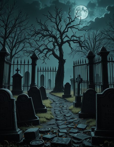 A dark and eerie cemetery shrouded in mist, with ancient, weathered tombstones covered in moss. The scene is dimly lit by a pale, ghostly moonlight filtering through twisted, leafless trees. Cracked stone pathways lead through the graveyard, partially hidden by overgrown grass and creeping ivy. A few old, gothic-style mausoleums stand in the background, their iron gates slightly ajar, adding to the mysterious and haunting atmosphere. Wisps of fog swirl around the gravestones, enhancing the eerie mood. The overall color palette consists of deep blues, grays, and muted greens, creating a cold and unsettling ambiance. The image is highly detailed and photorealistic, capturing the textures of the aged stone, the fogâs movement, and the ominous shadows stretching across the ground. 
<lora:SDXLFaeTastic2400:0.4> <lora:extremely_detailed:0.4> extremely detailed,<lora:33r13_c3m3t3ry-ill:1>,33r13 c3m3t3ry, Masterpiece,best quality,hi res,8k,hi res,8k,award winning,(sharp focus, intricate, highly detailed),