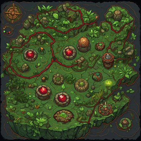 1 island, green to lime color,  jungle, many leafs,  lakes, swamp, (rocky stone ruins:0.8), overgrown wide, plain darkgray to gray background, mecha rusty parts, (((thick outlines:2.2))), (magic gemstone glowing red:1.2)