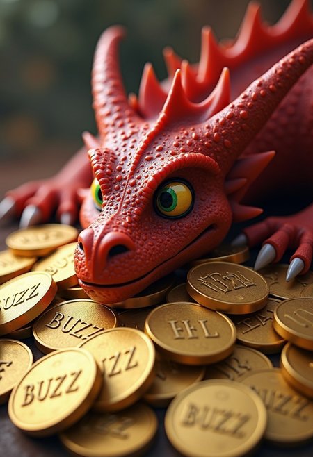 score_9, score_8_up, score_7_up, photo bokeh, blurred background
A ancient and giant red dragon is resting on top of a mountainous pile of gleaming gold.  Each gold coin is labeled “BUZZ”.  The dragon has one eye open watching the viewer intently.  There is a caption at the bottom of the picture that says “Have you brought me more BUZZ?”