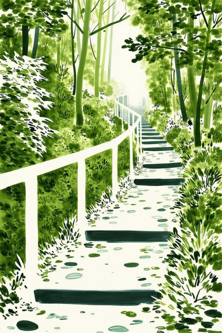 watercolor illustration.
A serene, winding path through a lush forest. The path, which is the central focus, is composed of a series of steps that ascend diagonally from the bottom left corner towards the top right, disappearing into a misty, ethereal light. There is a guard rail along the winding path. <lora:minink1_cap_d6a3e12:1.0><lora:825124300869746676:0>