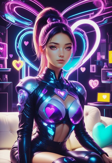 (((masterpiece))) , (((best quality))) , anime style, inked, 2d, 8k. 1 woman, high ponytail, leaning on a neon purple couch with neon yellow pillows, the pillows are formed as a heart, SeijSDXL <lora:SeijSDXL-000006:0.9>, close up, portrait, looking at viewer, futuristic interior  <lora:FuturisticInteriorStyle:0.8> <lora:SDXLFaeTastic2400:0.9>