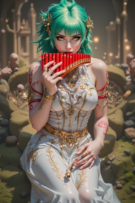 a woman with green hair,spiky hair,mohawk, white dress,long dress,bride dress, gown,solo, in front a church,outdoors,sad, ,playing red panflute , detailed background  Fantastic lighting. Detailed shadows.intricate details, vivid colors, hyper-detailed, ultra-sharp, <lora:PANFLUTE_FLUX>, <lora:aidmaImageUpgrader-FLUX-V0.2:0.5><lora:PinkieFluxProUltraFantasia><lora:FluxDFaeTasticDetails:0.7>